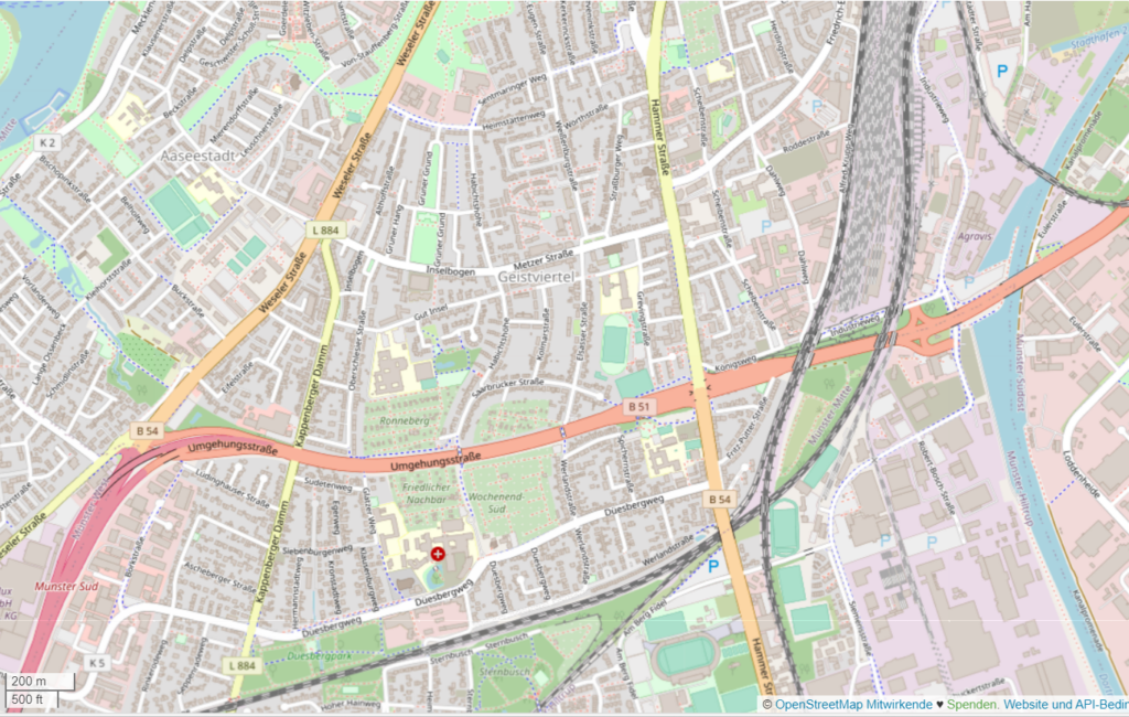 Ein Ausschnitt von Münster Geist auf Open Street Map.