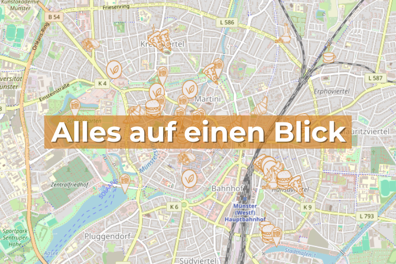 Bild der Karte von Münster auf der alle Restaurants und Sehenswürdigkeiten eingetragen sind.