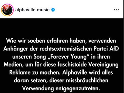AfD-Anhänger nutzen „Forever Young“ von Alphaville für politische Zwecke. Die Band reagiert empört und kündigt rechtliche Schritte an.