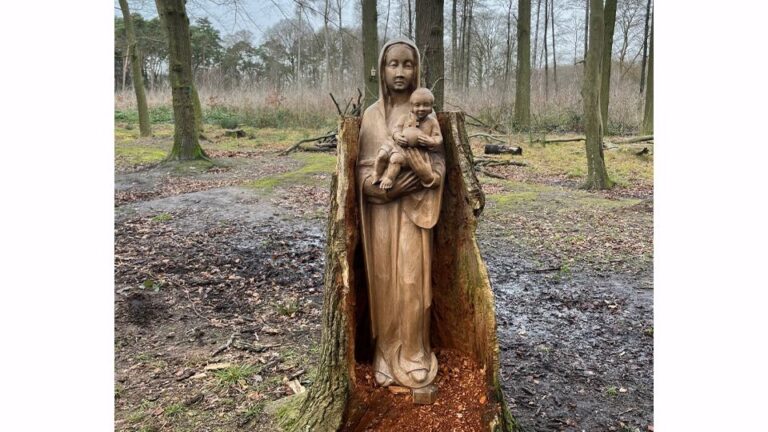 Fund in Münster: Eine Marienfigur wurde im Wald entdeckt. Polizei sucht Zeugen und Hinweise zur Herkunft der Skulptur.