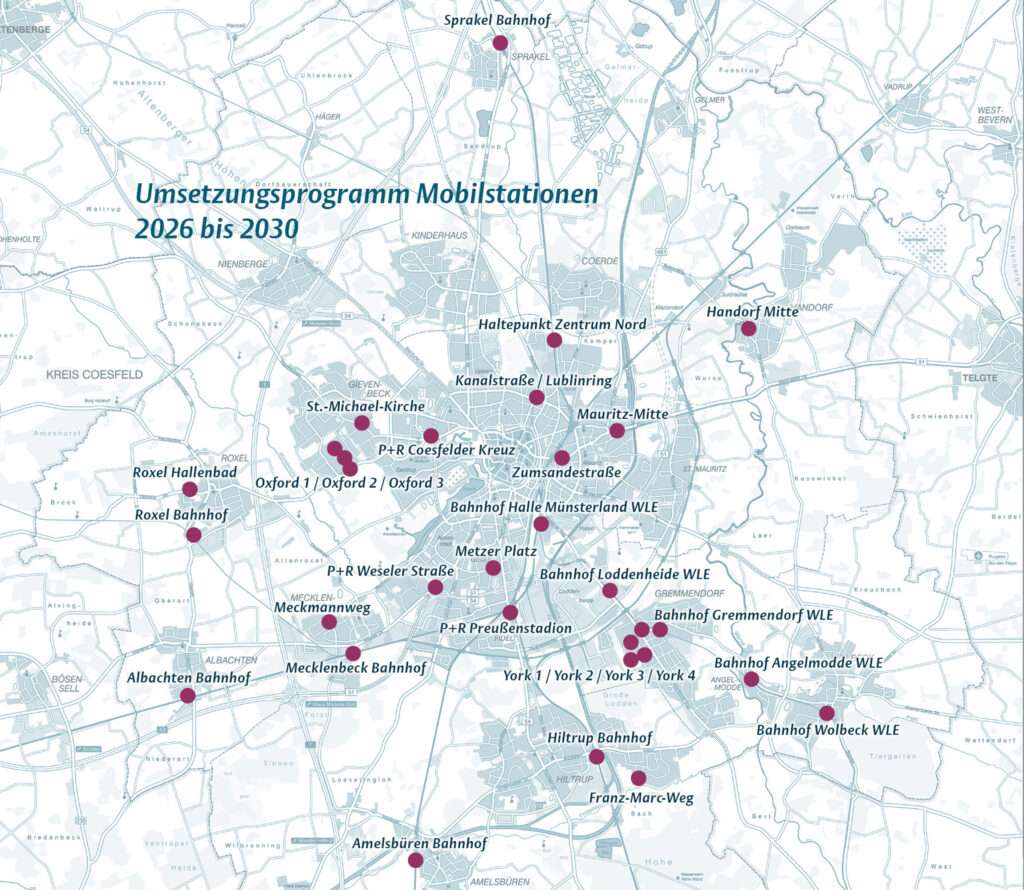 Mit 31 neuen Mobilstationen treibt Münster die umweltfreundliche Mobilität im Stadtgebiet entscheidend voran. Alle Infos zu Konzept und Standorten.
