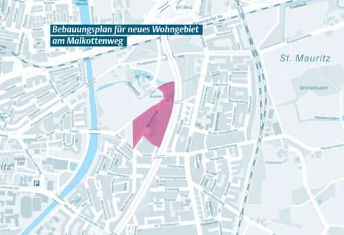 Am Maikottenweg in Münster-St. Mauritz soll ein neues Wohngebiet mit 280 Einheiten und zwei Kitas entstehen. Stellungnahmen sind bis Ende August möglich.