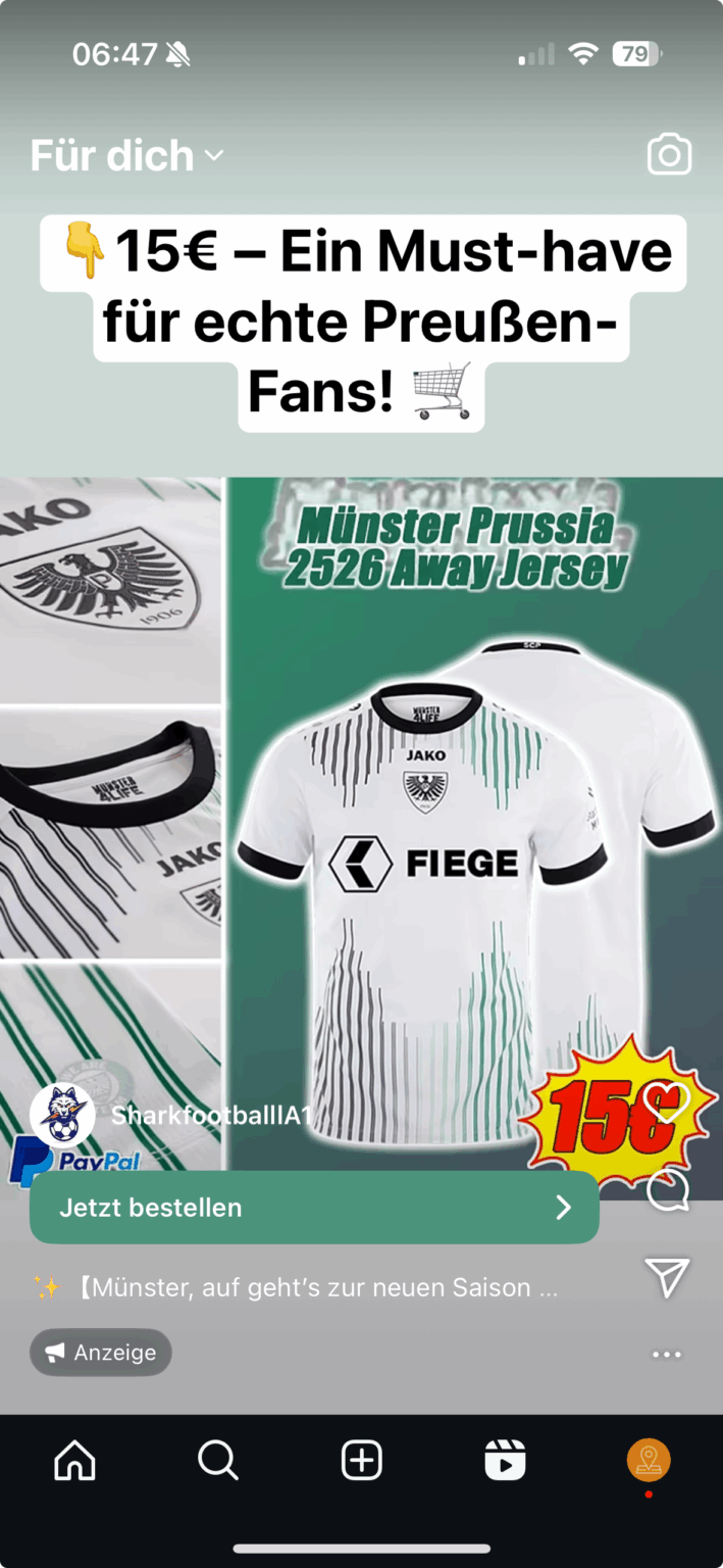 Ein dubioser Online-Shop bietet das neue Auswärtstrikot von Preußen Münster für nur 15 Euro an – Fans wittern Betrug.