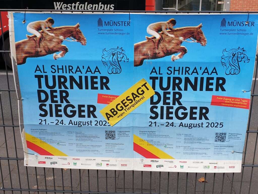 Demonstration gegen das Turnier der Sieger in Münster: Aktivisten kritisieren Reitsport, Tierleid und städtische Zuschüsse – Proteste auch am Wochenende geplant.
