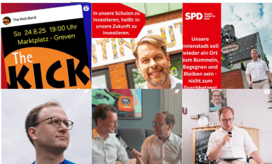 Collage aus Instagram-Screenshots von Dietrich Aden und Christian Kriegeskotte im Bürgermeisterwahlkampf Greven 2025.