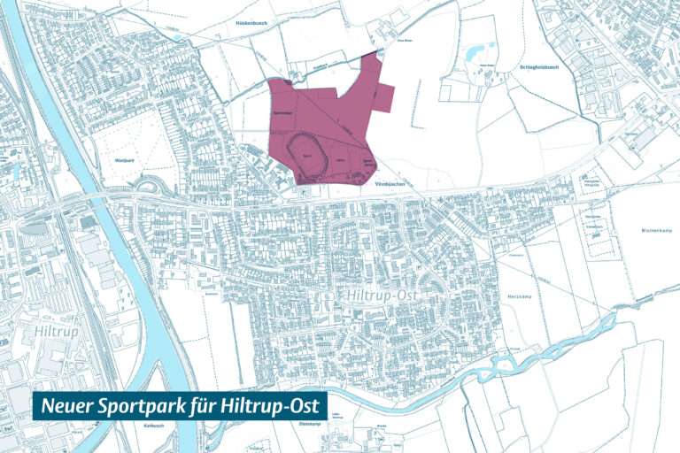 Die Stadt Münster plant den Sportpark Hiltrup Ost mit neuen Fußballfeldern, American Football, Pumptrack und Funktionsgebäude. Start des Bebauungsplans am 7. Oktober.