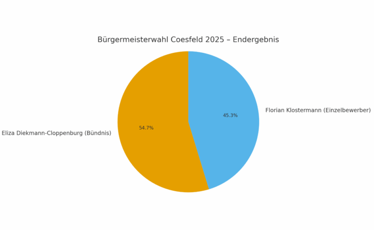 Kommunalwahl 2025 in Coesfeld: Bürgermeisterin Eliza Diekmann-Cloppenburg gewinnt mit 54,7 %. CDU dominiert den Rat mit 45 %, Grüne verlieren, Volt zieht neu ein.