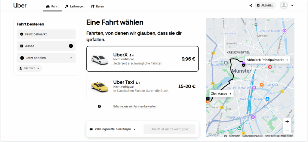 UberX testet den Markt in Münster: App zeigt buchbare Fahrten