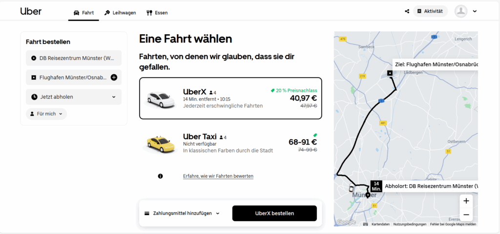 UberX testet den Markt in Münster: App zeigt buchbare Fahrten