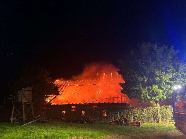 Großbrand in Ascheberg-Herbern: Scheune mit 300 Schweinen brennt. Tiere gerettet, Unimog zerstört, Kripo ermittelt – L671 voll gesperrt.