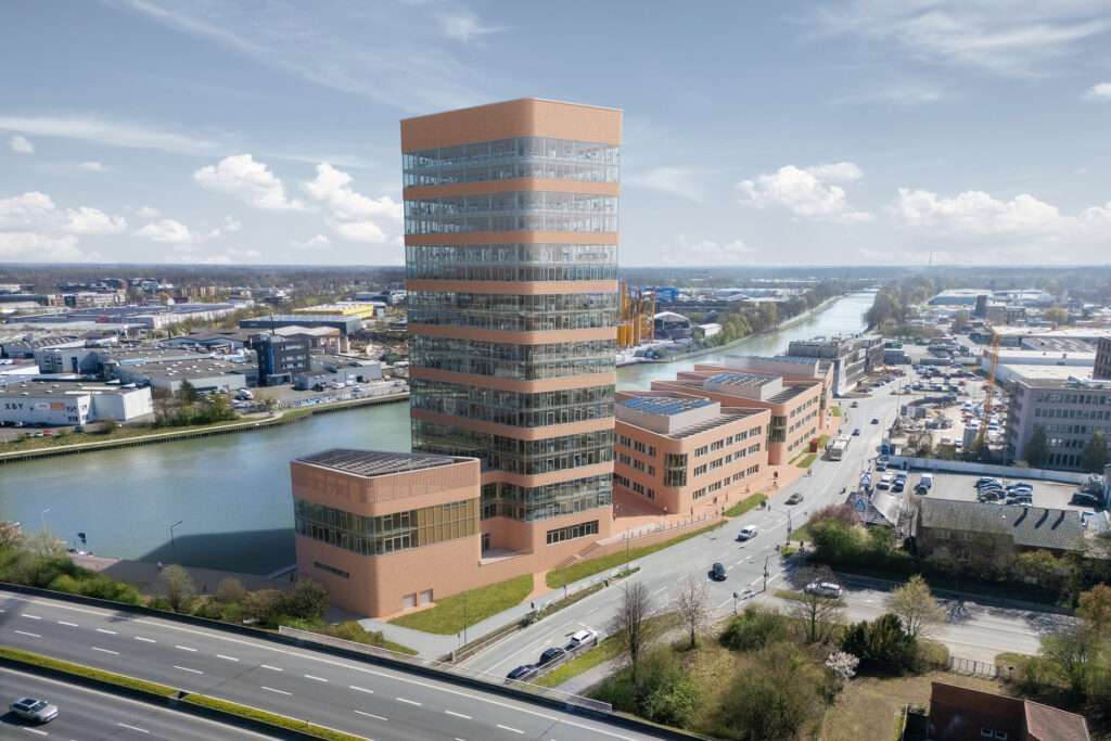 Am Dreieckshafen entsteht mit dem KontorQuartier Münster ein nachhaltiges Büroensemble mit über 20.000 Quadratmetern Fläche. Der 17-geschossige Turm soll bis Anfang 2028 fertiggestellt werden.