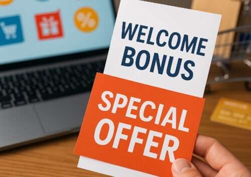 Laptop mit Rabattsymbolen und Bonus-Karten in der Hand im Vordergrund