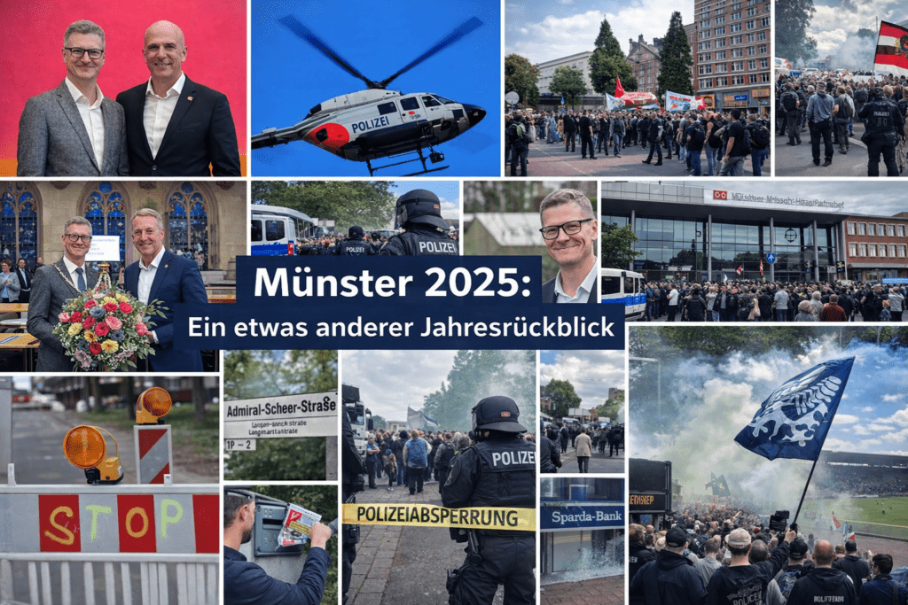 Jahresrückblick Münster 2025: Kommunalwahl, Machtwechsel, Proteste, Straßenumbenennungen, Baustellen-Sommer, Preußen und große Debatten der Stadt.