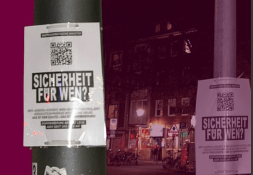 Plakate gegen Waffenverbotszone am Bremer Platz in Münster