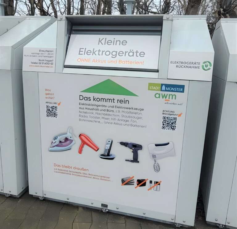 In Münster bauen die awm rund 50 E-Container ab. Grund ist das neue ElektroG seit 1. Januar 2026. Abgabe jetzt am Hof oder im Handel.