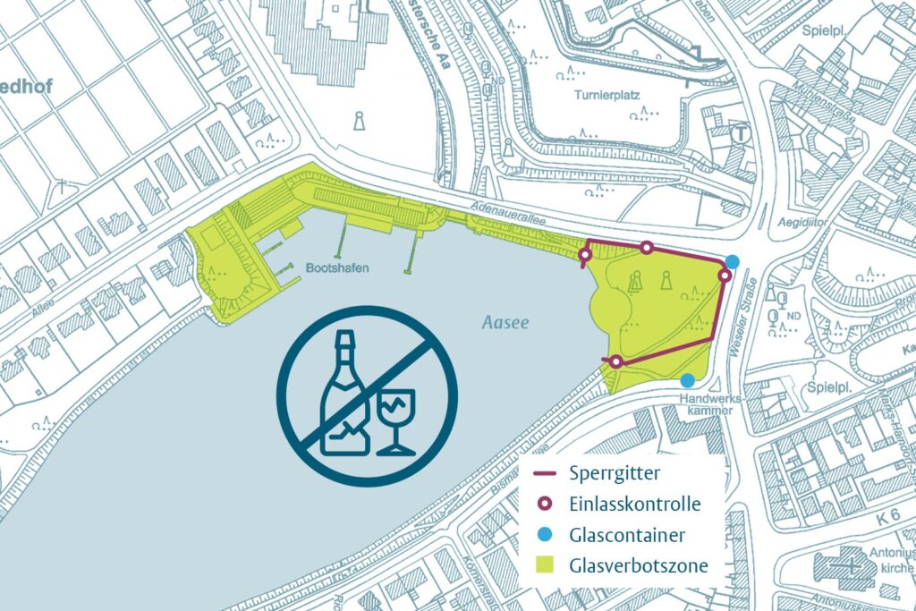 Am 1. Mai gilt am Aasee Münster ein Glasverbot. Die Stadt setzt auf Kontrollen, Sperrungen und Hilfsangebote.