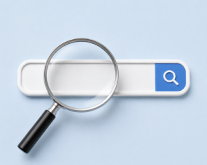 Das Bild zeigt eine Lupe, die etwas sucht und symbolisiert eine Internetsuche