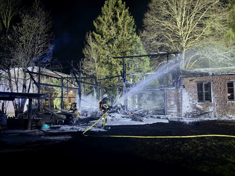 Feuer in Essen-Bochold erfasst Carports, Fahrzeuge und Holzunterstand