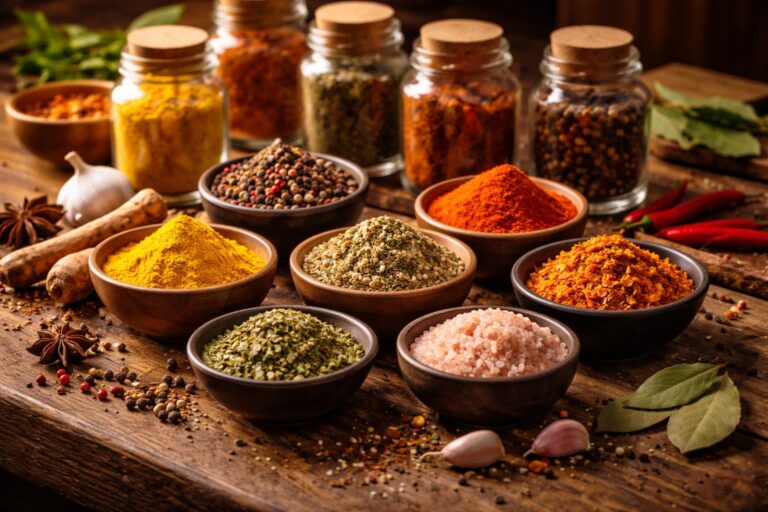 Ankerkraut Gewürze – bunte Gewürzmischungen in Schalen auf Holztisch