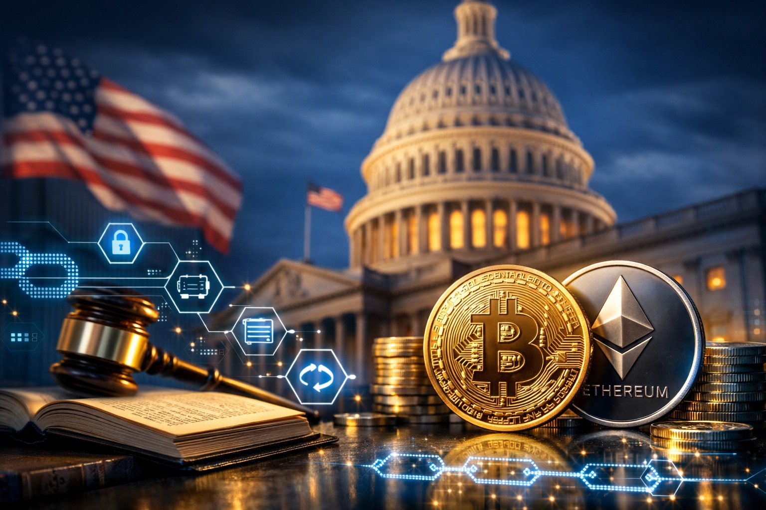 Clarity Act Krypto – Bitcoin und Ethereum vor US-Kapitol mit Blockchain-Symbolen
