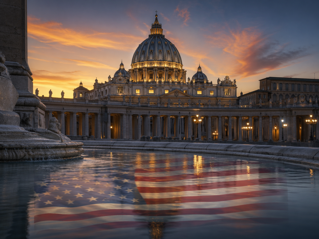 Leo XIV Trump – Petersdom in Rom und US-amerikanische Flagge als Symbol des Konflikts