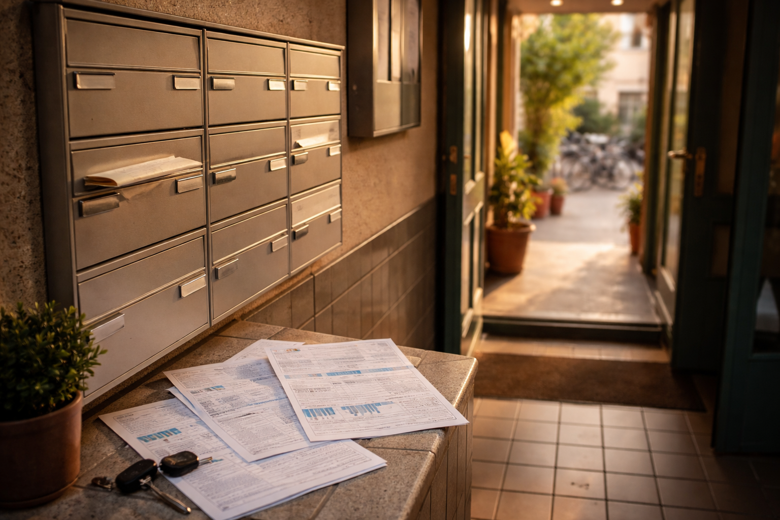 Deutscher Wohnhauseingang mit Briefkasten und Nebenkostenabrechnung – Mieterrechte 2026