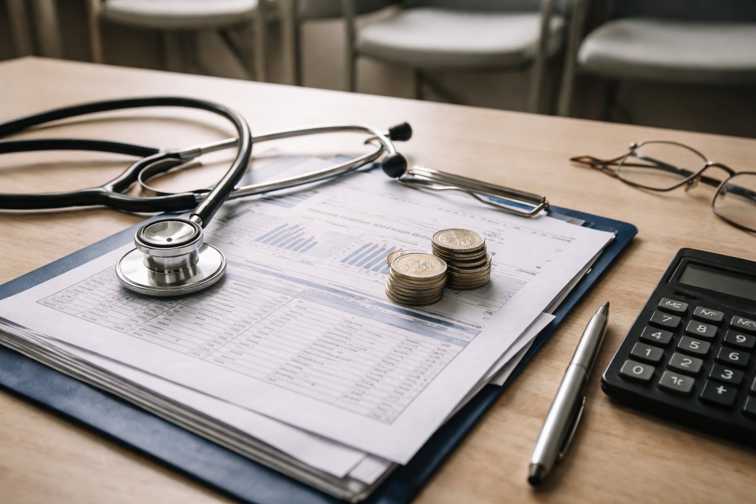 PKV Beitragserhöhung 2026 – Stethoskop und Unterlagen auf Schreibtisch