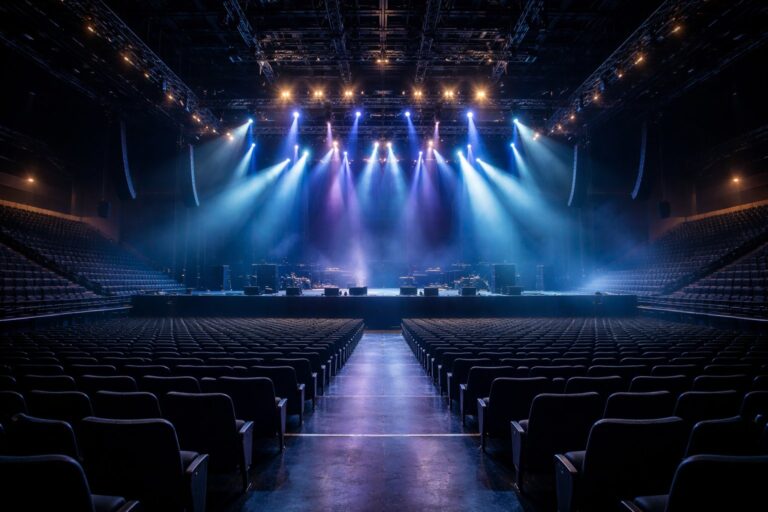 Ticketmaster ChatGPT Integration – leere Konzerthalle mit Bühnenbeleuchtung