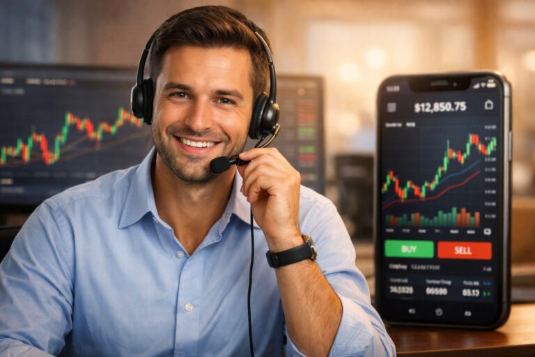 Trade Republic Kundenservice – Berater mit Headset und Trading-Charts