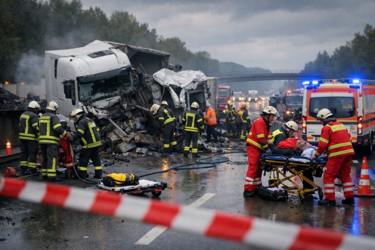 Unfall A57 Moers Autobahn LKW Rettungskräfte