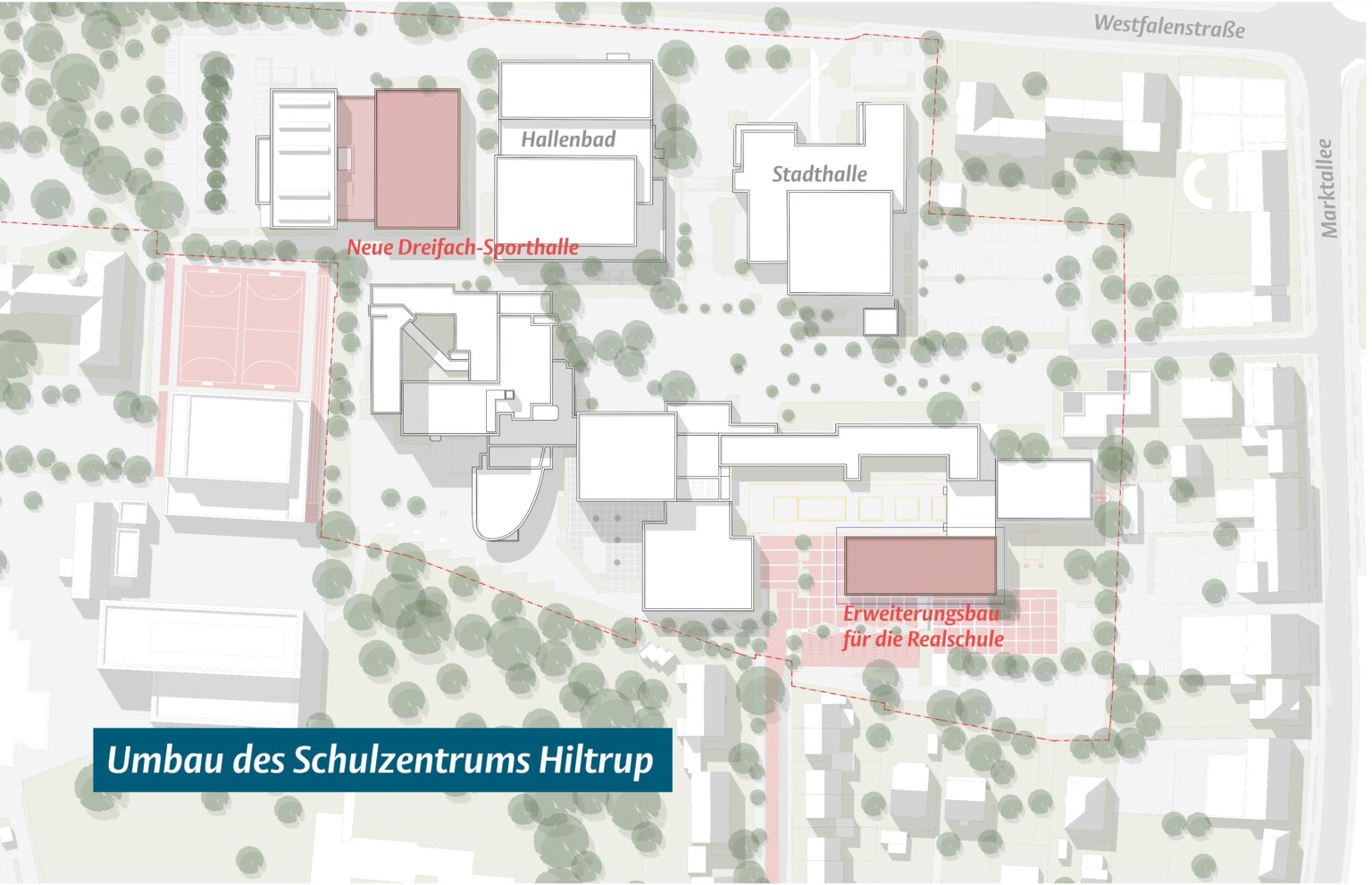 Das Schulzentrum Hiltrup soll erweitert werden. Geplant sind ein Neubau, eine Dreifach-Sporthalle und weitere Umbauten.