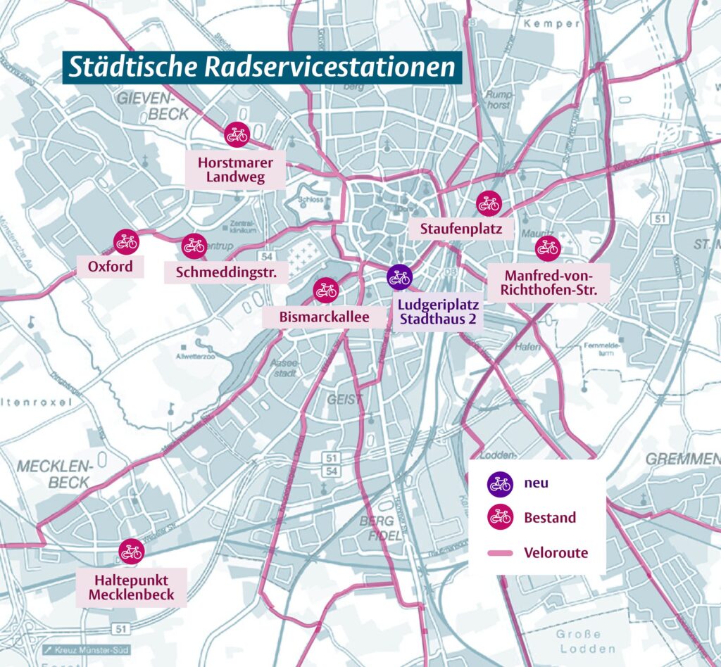 Neue Radservicestation am Ludgeriplatz: Luftpumpe und Werkzeug stehen in Münster kostenlos bereit.