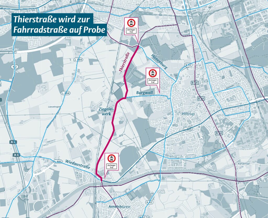 Münster testet ab Frühjahr 2027 eine Fahrradstraße auf der Thierstraße zwischen Amelsbüren und Hünenburg/Grafschaft.