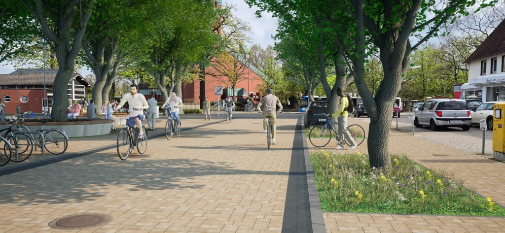 Der Umbau der Ortsmitte Gievenbeck startet 2027. Geplant sind neue Plätze, mehr Grün sowie Arbeiten an Straßen und Leitungen.