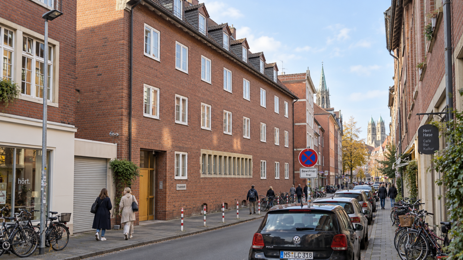 In der Frauenstraße Münster soll der Durchgangsverkehr sinken, am Apostelgarten sollen Parkplätze einem Aufenthaltsbereich weichen.