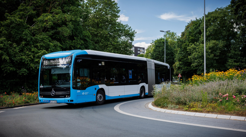 E-Busse in Münster: Fast jeder zweite Bus fährt elektrisch. Damit ist Münster NRW-Spitzenreiter und bundesweit auf Platz fünf.